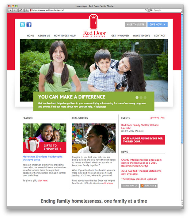 Toronto website design. Redesign of Red Door Shelter site